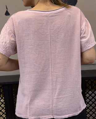 Kol ve Cep Detaylı İthal Bluz Pembe