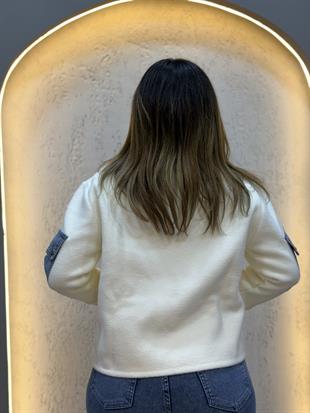 Kot Cep Detaylı Angora Ceket Ekru Mavi