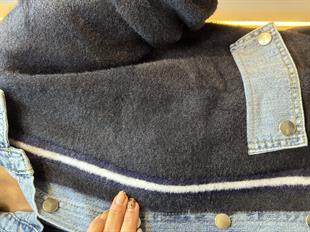Kot Detaylı Beyaz Çizgili Angora Ceket Lacivert