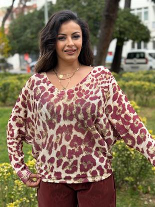 Leopar Desen İthal Bluz Mürdüm