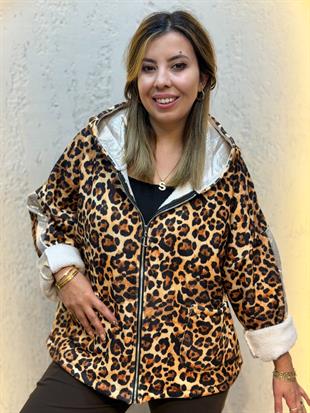 Leopar Desen Kol Şerit Detaylı Kapüşonlu İthal Kadife Ceket Camel