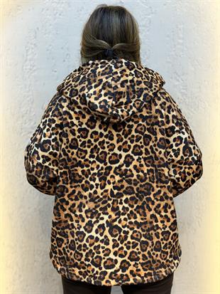 Leopar Desen Kol Şerit Detaylı Kapüşonlu İthal Kadife Ceket Camel
