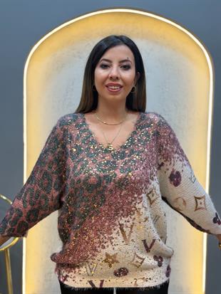 Leopar Desenli Altın Işıltı Detaylı İthal Bluz Bordo