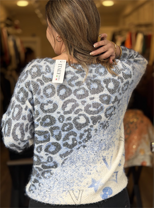 Leopar Desenli Altın Işıltı Detaylı İthal Bluz Mavi