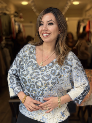 Leopar Desenli Altın Işıltı Detaylı İthal Bluz Mavi