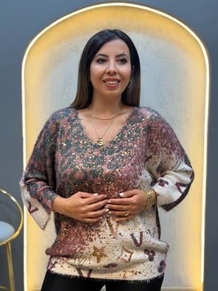 Leopar Desenli Altın Işıltı Detaylı İthal Bluz Bordo