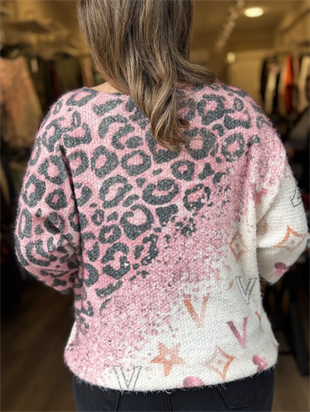 Leopar Desenli Altın Işıltı Detaylı İthal Bluz Pembe