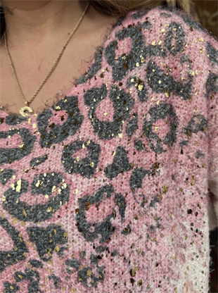 Leopar Desenli Altın Işıltı Detaylı İthal Bluz Pembe