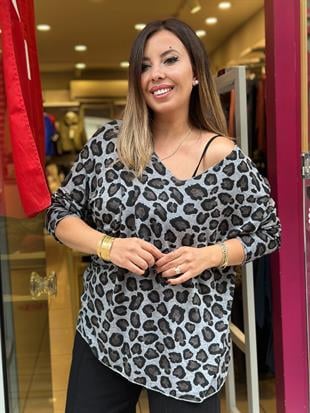 Leopar Desenli İthal Bluz Gri