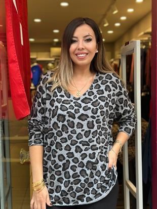 Leopar Desenli İthal Bluz Gri