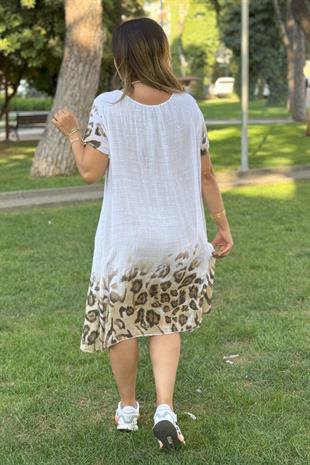 Leopar Desenli İthal Elbise Beyaz