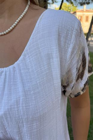 Leopar Desenli İthal Elbise Beyaz