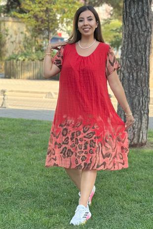 Leopar Desenli İthal Elbise Kırmızı