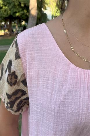 Leopar Desenli İthal Elbise Pembe