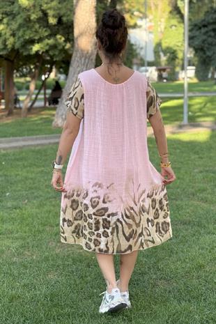 Leopar Desenli İthal Elbise Pembe