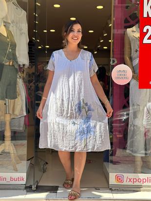 Mavi Çiçek Desenli İthal Elbise Beyaz