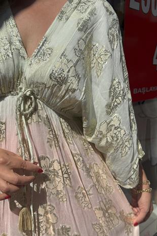 Özel Tasarım Çiçek İşlemeli Hint İpeği İthal Elbise Yeşil