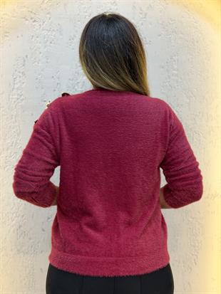 Omuz Broş Detaylı Triko Bluz Bordo