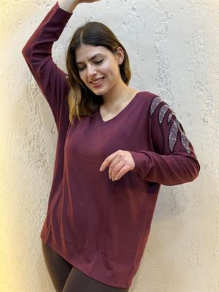 Omuz Taş Detaylı Uzun Kol Bluz Bordo