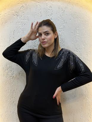 Omuz Taş Detaylı Uzun Kollu Angel Bluz Siyah