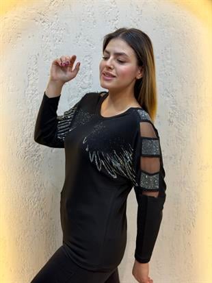 Omuz Tül Pencere Detaylı Taşlı Uzun Kollu Angel Bluz Siyah