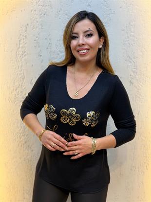 Papatya Desenli İthal Bluz Siyah