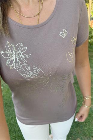 Parlak Çiçek Baskılı T-shirt Vizon