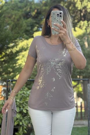 Parlak Çiçek Baskılı T-shirt Vizon