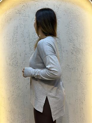Parmak Geçirme Detaylı Yanları Yırtmaçlı Pamuk Sweatshirt Gri