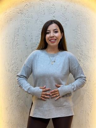 Parmak Geçirme Detaylı Yanları Yırtmaçlı Pamuk Sweatshirt Gri