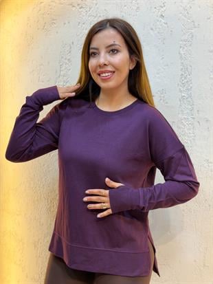 Parmak Geçirme Detaylı Yanları Yırtmaçlı Pamuk Sweatshirt Mor