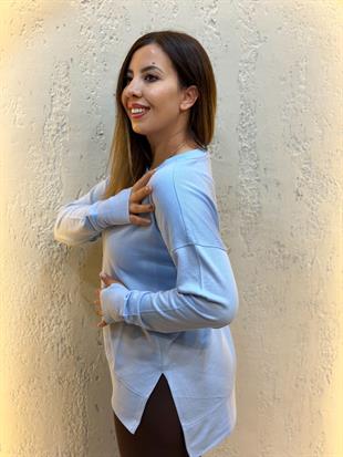 Parmak Geçirme Detaylı Yanları Yırtmaçlı Pamuk Sweatshirt Bebe Mavisi