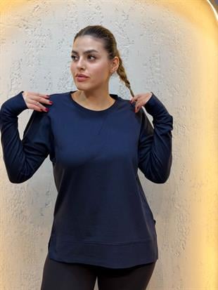 Parmak Geçirme Detaylı Yanları Yırtmaçlı Pamuk Sweatshirt Lacivert