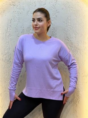 Parmak Geçirme Detaylı Yanları Yırtmaçlı Pamuk Sweatshirt Lila