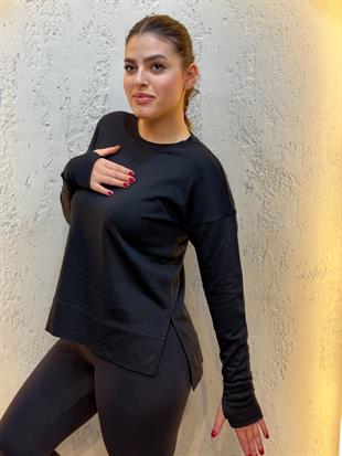 Parmak Geçirme Detaylı Yanları Yırtmaçlı Pamuk Sweatshirt Siyah