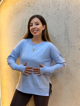 Parmak Geçirme Detaylı Yanları Yırtmaçlı Pamuk Sweatshirt Bebe Mavisi