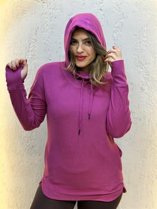 Parmak Geçirmeli Boyunluk Detaylı Kapüşonlu Hoodie Pembe