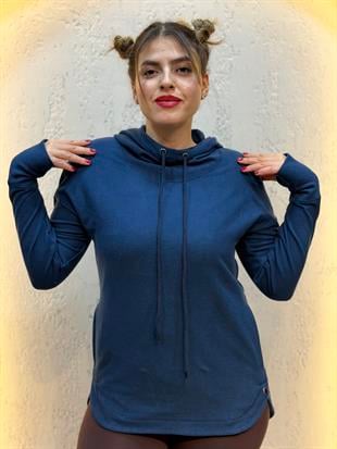 Parmak Geçirmeli Boyunluk Detaylı Kapüşonlu Hoodie Petrol Mavisi