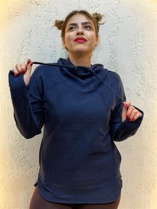 Parmak Geçirmeli Boyunluk Detaylı Kapüşonlu Hoodie İndigo Mavi