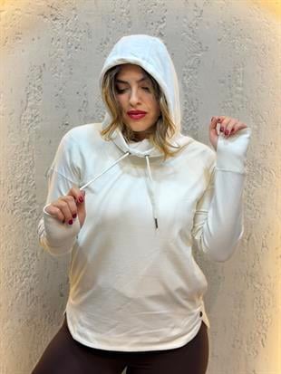 Parmak Geçirmeli Boyunluk Detaylı Kapüşonlu Hoodie Ekru