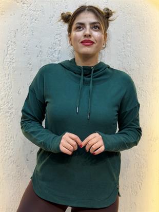 Parmak Geçirmeli Boyunluk Detaylı Kapüşonlu Hoodie Zümrüt Yeşili