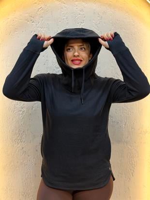 Parmak Geçirmeli Boyunluk Detaylı Kapüşonlu Hoodie Siyah