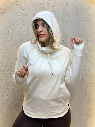 Parmak Geçirmeli Boyunluk Detaylı Kapüşonlu Hoodie Ekru