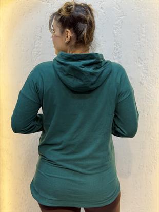 Parmak Geçirmeli Boyunluk Detaylı Kapüşonlu Hoodie Zümrüt Yeşili