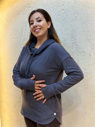 Parmak Geçirmeli Boyunluk Detaylı Kapüşonlu Hoodie Füme Mavi