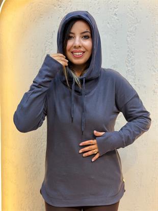 Parmak Geçirmeli Boyunluk Detaylı Kapüşonlu Hoodie Füme Mavi