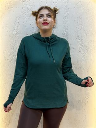 Parmak Geçirmeli Boyunluk Detaylı Kapüşonlu Hoodie Zümrüt Yeşili