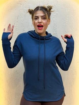 Parmak Geçirmeli Boyunluk Detaylı Kapüşonlu Hoodie Petrol Mavisi