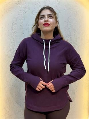 Parmak Geçirmeli Boyunluk Detaylı Kapüşonlu Hoodie Patlıcan Moru