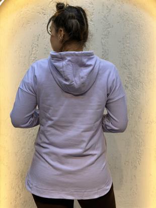 Parmak Geçirmeli Boyunluk Detaylı Kapüşonlu Hoodie Lila